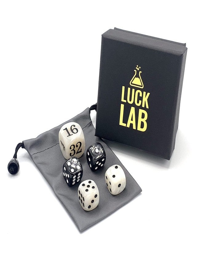 Luck Lab Backgammon Pearl Dice Set - 22 mm Doubling Cube and Four 16 mm Dice with Bonus Storage Bag, Black/White Marbleized - Image 3
